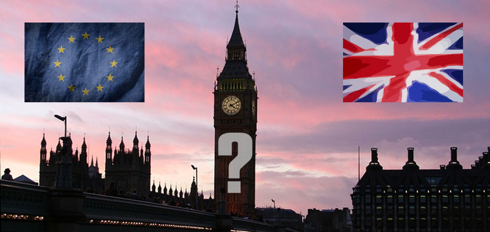 British and EU flags over a London city scene