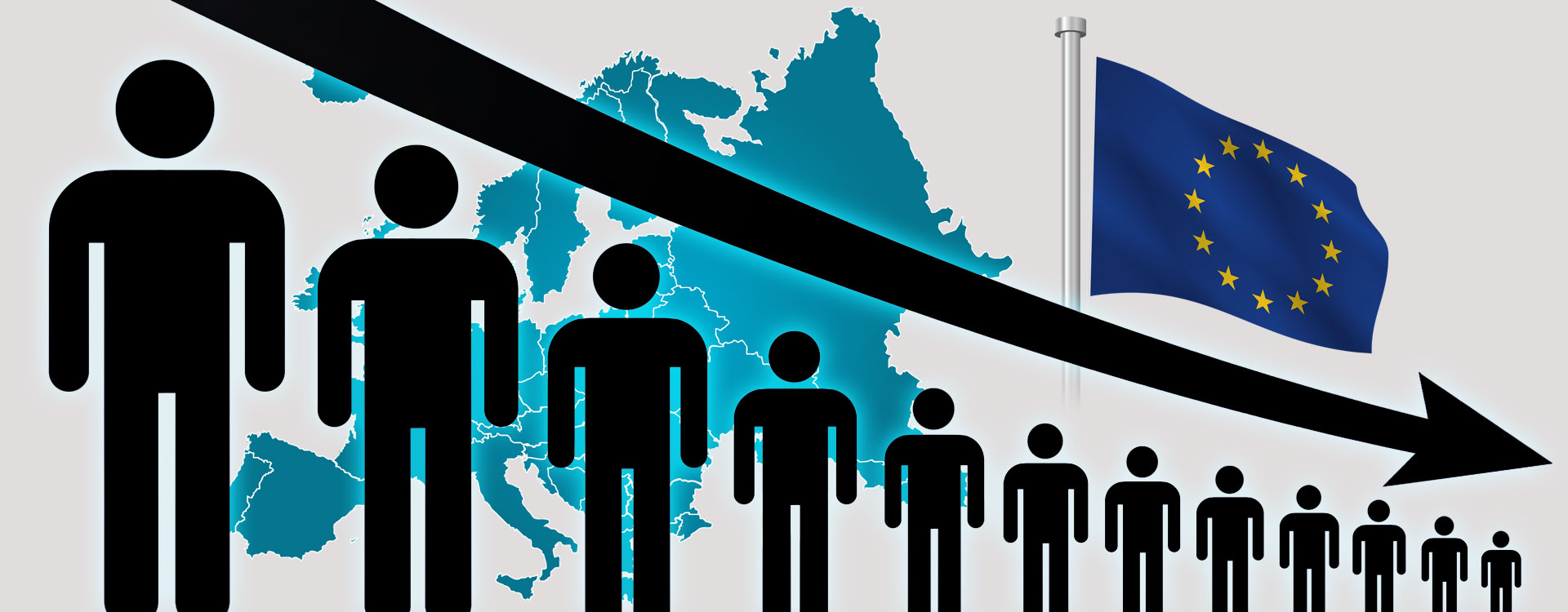 trending downward arrow showing population decline with Europe continent and flag in background