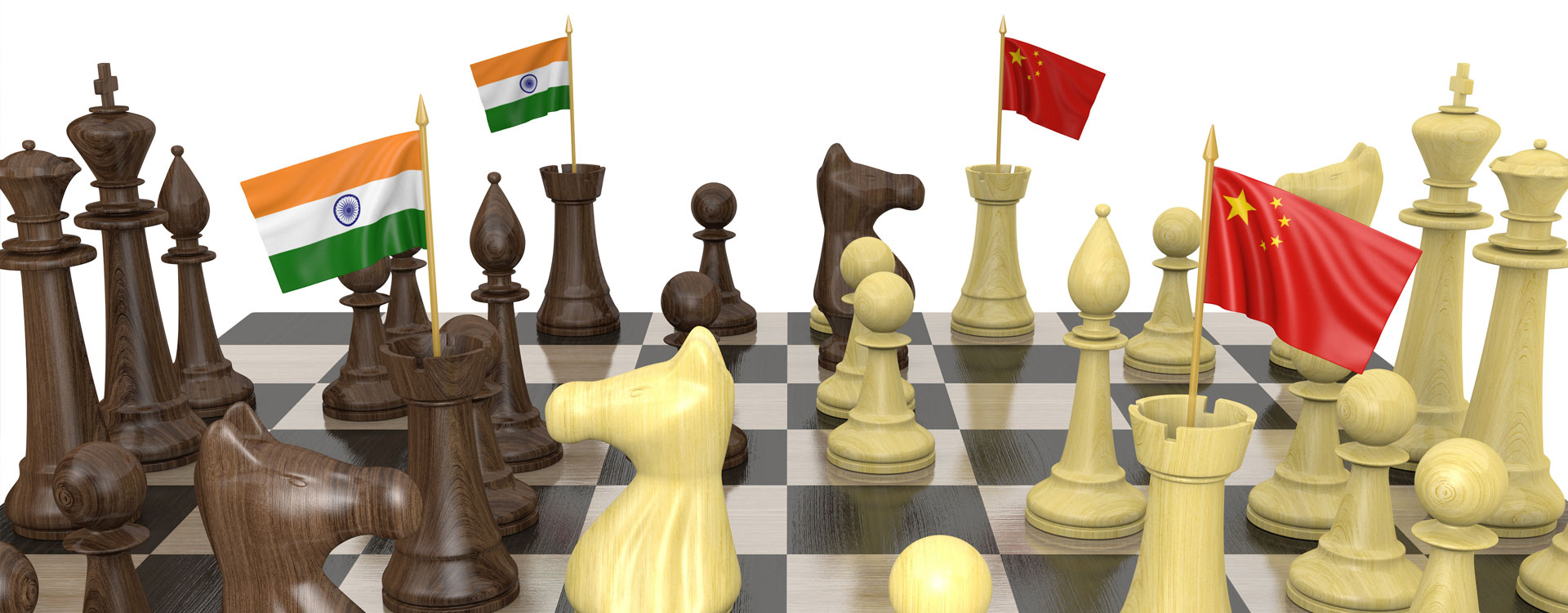 chessboard with flags of China and India