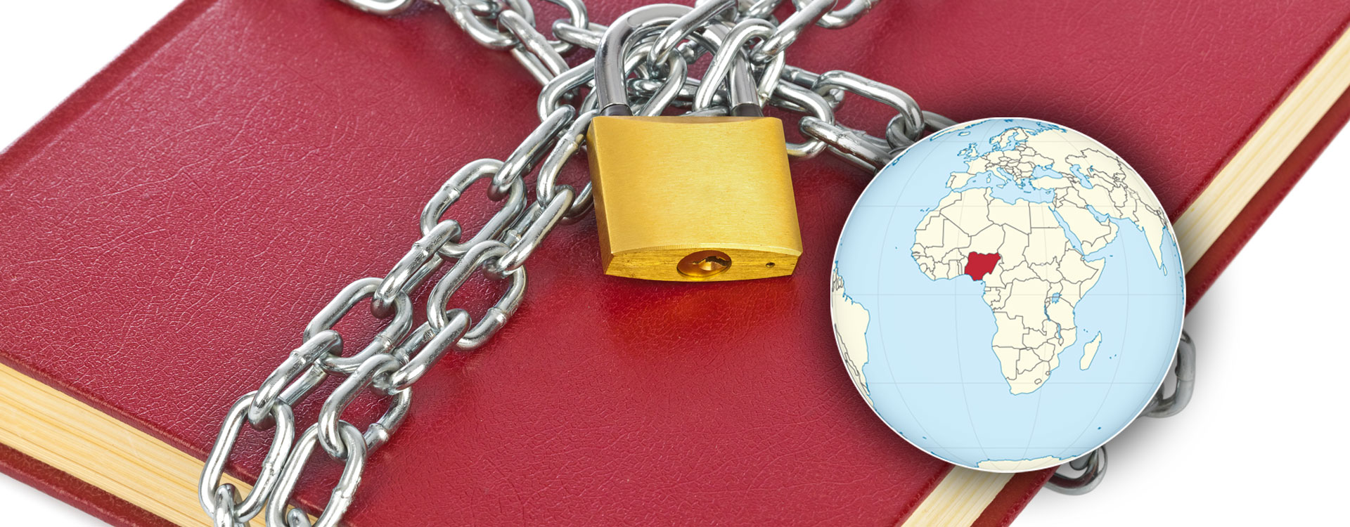 a Bible in chains next to a globe pointing out the country of Nigeria