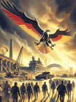 Artwork of an eagle, with coloration resembling that of the German flag, flying over soldiers walking into a damaged city 