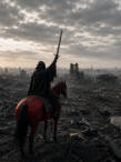 A hooded rider on a red horse raises a sword while overlooking a vast landscape of ruined buildings and scattered wreckage beneath a dark, cloud-filled sky.