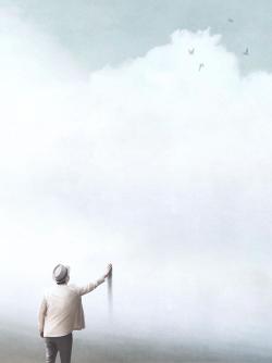 Man reaching towards a wall of clouds with doves