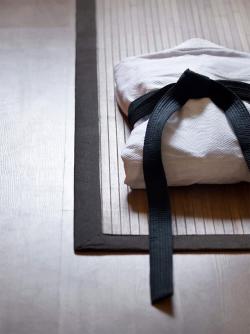 Martial arts belt and robe on mat