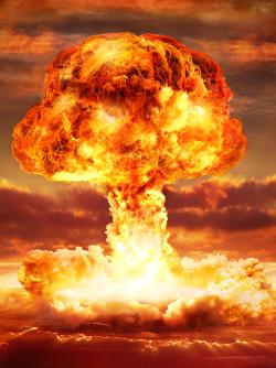 A fiery red and orange nuclear mushroom explosion