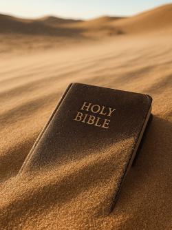 A Bible lying in the desert sand, partially obscured