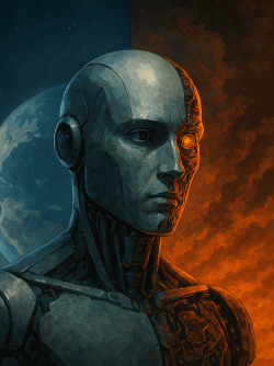 A metallic humanoid figure with one glowing orange eye stands between a blue lunar background of earth from space and another background of a fiery red sky