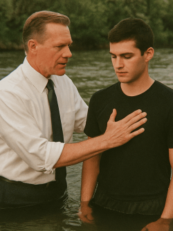 A young man being baptized by an older man in a river
