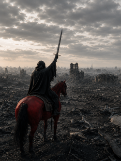 A hooded rider on a red horse raises a sword while overlooking a vast landscape of ruined buildings and scattered wreckage beneath a dark, cloud-filled sky.