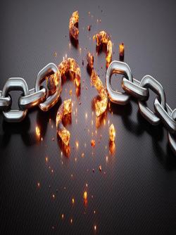A chain broken apart, its damaged ends glowing and smoldering from heat