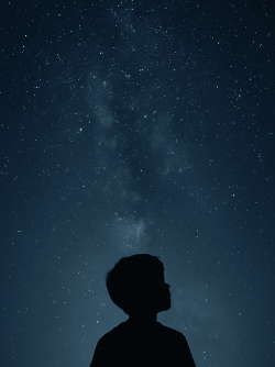 A boy gazing up at a night sky filled with stars