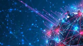 A glowing digital globe of city skyscrapers is criss-crossed by bright pink and blue network lines against a dark backdrop of stylized data nodes.