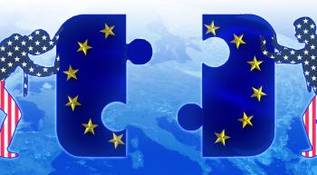 two people with stars and stripes pushing two giant puzzle pieces together that make up the EU flag