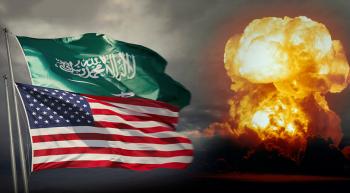 American and Saudi flags and a nuclear cloud