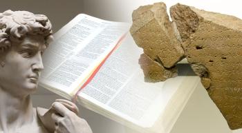 Michealangelos statue of David and a Bible and the Tel Dan Stele tablet