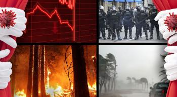 curtains pulled back revealing fires floods crashing economy and riot police