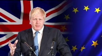 Boris Johnson in front of British and EU flags