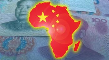 continent of africa overlaid with the Chinese flag and Chinese currency in the background