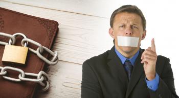 chained bible next to a person with tape over their mouth