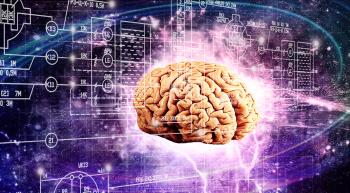 human brain with technical schematics and outer space in the background