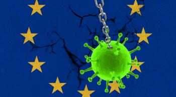 corona virus wrecking ball smashing into wall with EU flag  painted on it