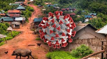 Laos village with coronavirus superimposed