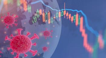 covid-19 virus with a downtrending economic graph