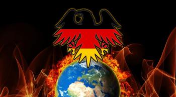 German eagle rising out of a burning world