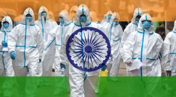 men in hazmant suits with the Indian flag superimposed