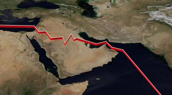 a jagged line running through a map of the Middle East
