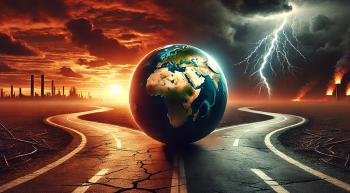 a symbolic representation of Earth at a crossroads, with two diverging roads leading toward contrasting landscapes—one with an cityscape awash in the glow of a sunrise, and the other with stormy skies, lightning, and buildings on fire