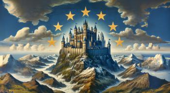 castle on a mountain representing the EU above smaller surrounding mountains