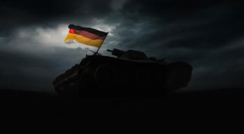AI gernerated image of a sillouetted tank flying a german flag against a dark but dramatically lit background