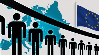 trending downward arrow showing population decline with Europe continent and flag in background