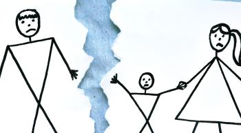 stick figure drawing of a family with the father being torn away