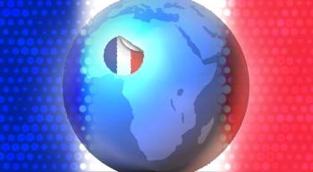 globe showing African continent with a sticker of a French flag being peeled off