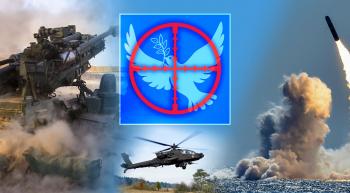 collage of war scenes and a dove of peace in the crosshairs