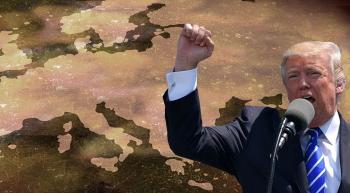 Donald Trump raising fist in front of map of Europe