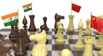 chessboard with flags of China and India