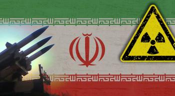 Iranian flag with silhouette of missiles and a radiation symbol