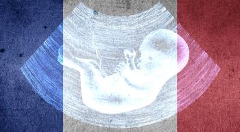 French flag overlaid with a sonogram of an unborn child