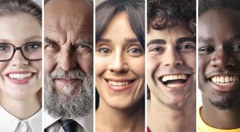 collage of seven different people with happy expressions