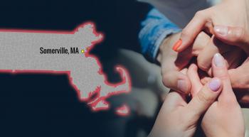 map showing Somerville, MA and a group of five holding hands