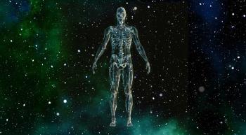 human form with skeletal and vascular systems showing floating in outer space
