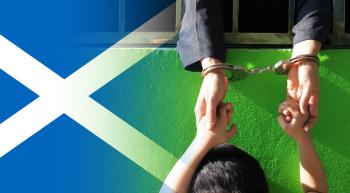 Scottish flag next to an image of a woman reaching through bars with hands cuffed holding hands with a child outside the cell