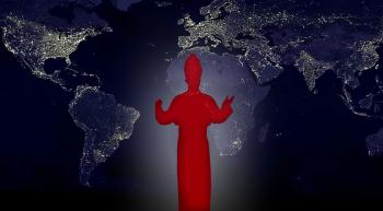 glowing red pope in front of world map