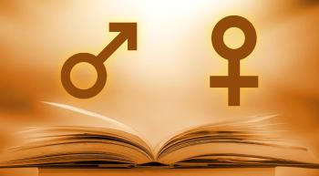 open bible with male and female gender symbols above it