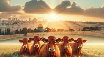 artistic rendition of five red heifers standing in a field near the temple mount