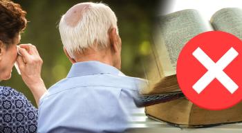 Elderly couple shown from behind and a Bible with a red x over it