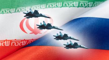 Russian fighter jets against a background of the Russian and Iranian flags